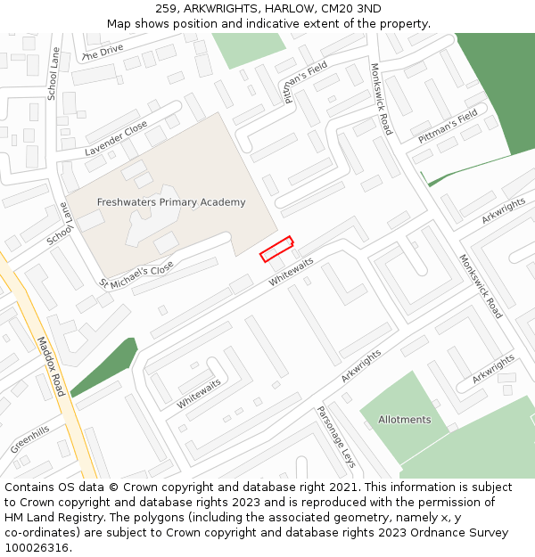 259, ARKWRIGHTS, HARLOW, CM20 3ND: Location map and indicative extent of plot