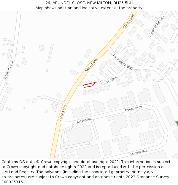 26, ARUNDEL CLOSE, NEW MILTON, BH25 5UH: Location map and indicative extent of plot