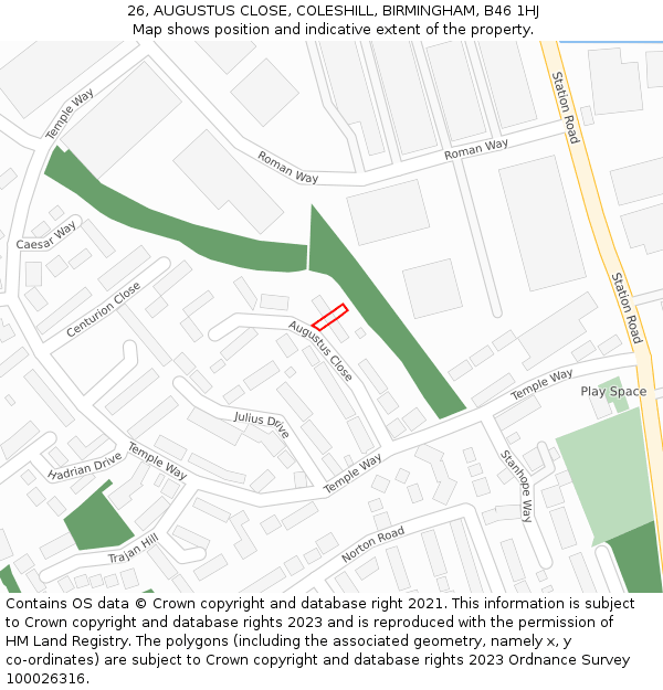 26, AUGUSTUS CLOSE, COLESHILL, BIRMINGHAM, B46 1HJ: Location map and indicative extent of plot
