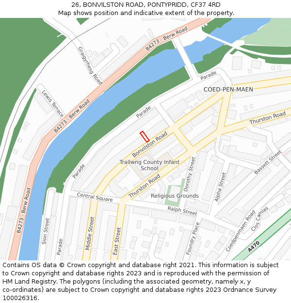 26, BONVILSTON ROAD, PONTYPRIDD, CF37 4RD: Location map and indicative extent of plot