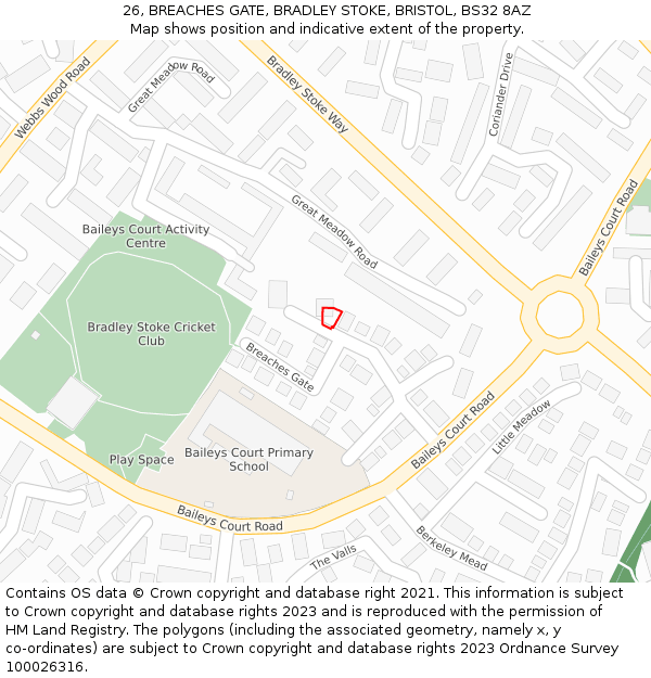 26, BREACHES GATE, BRADLEY STOKE, BRISTOL, BS32 8AZ: Location map and indicative extent of plot