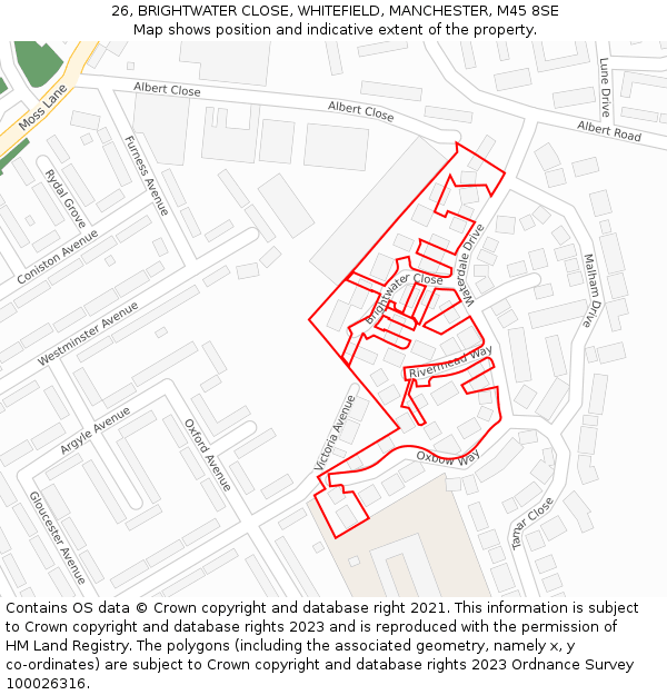 26, BRIGHTWATER CLOSE, WHITEFIELD, MANCHESTER, M45 8SE: Location map and indicative extent of plot