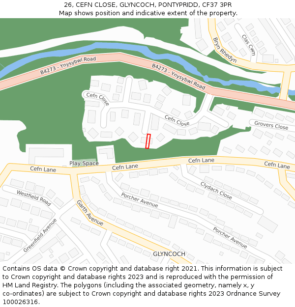 26, CEFN CLOSE, GLYNCOCH, PONTYPRIDD, CF37 3PR: Location map and indicative extent of plot