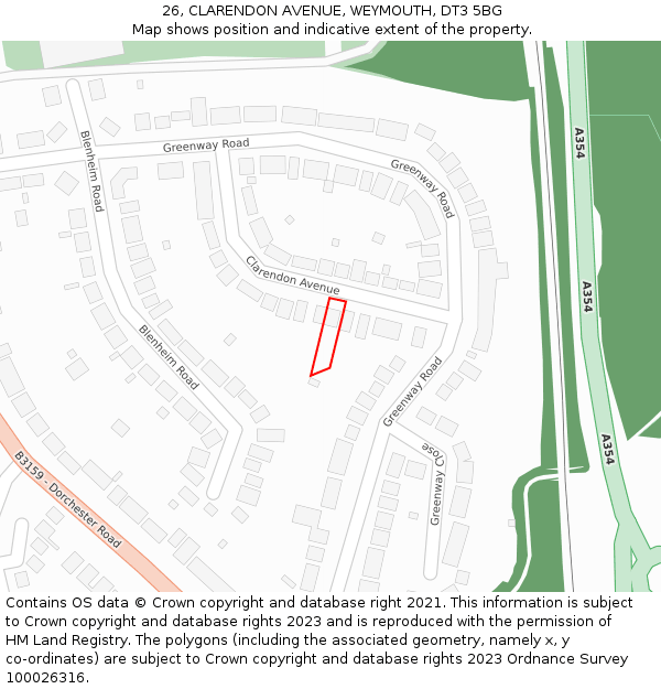 26, CLARENDON AVENUE, WEYMOUTH, DT3 5BG: Location map and indicative extent of plot