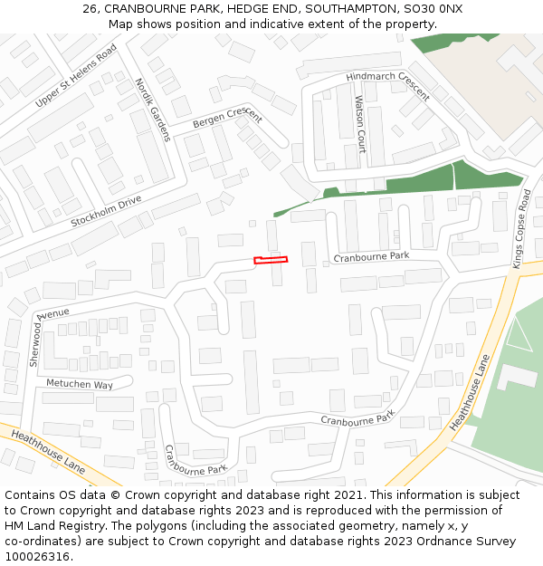 26, CRANBOURNE PARK, HEDGE END, SOUTHAMPTON, SO30 0NX: Location map and indicative extent of plot