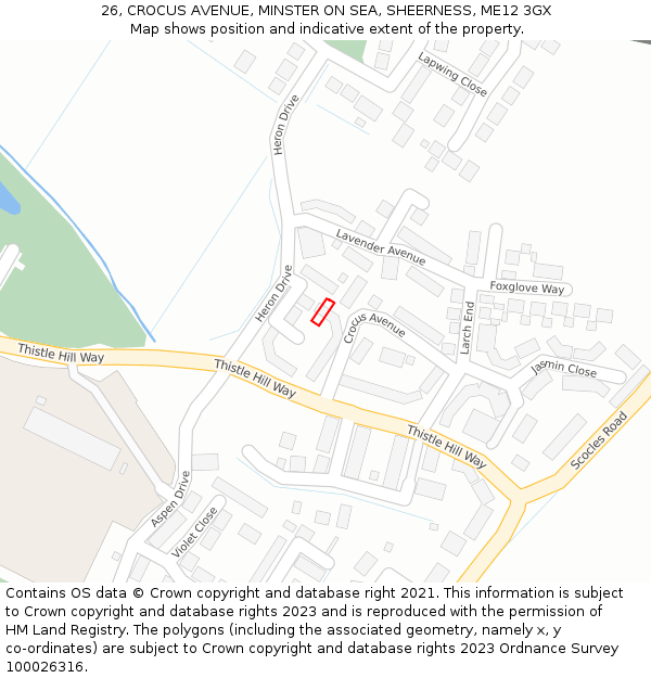 26, CROCUS AVENUE, MINSTER ON SEA, SHEERNESS, ME12 3GX: Location map and indicative extent of plot