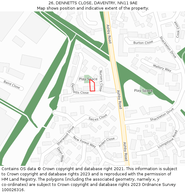 26, DENNETTS CLOSE, DAVENTRY, NN11 9AE: Location map and indicative extent of plot