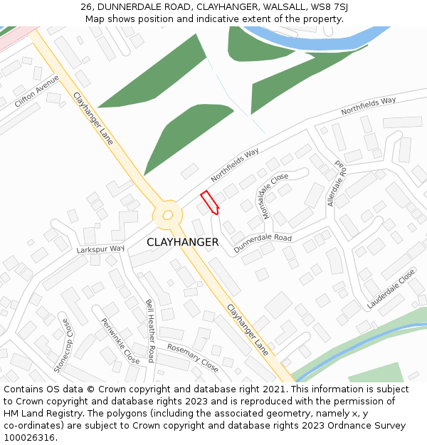 26, DUNNERDALE ROAD, CLAYHANGER, WALSALL, WS8 7SJ: Location map and indicative extent of plot