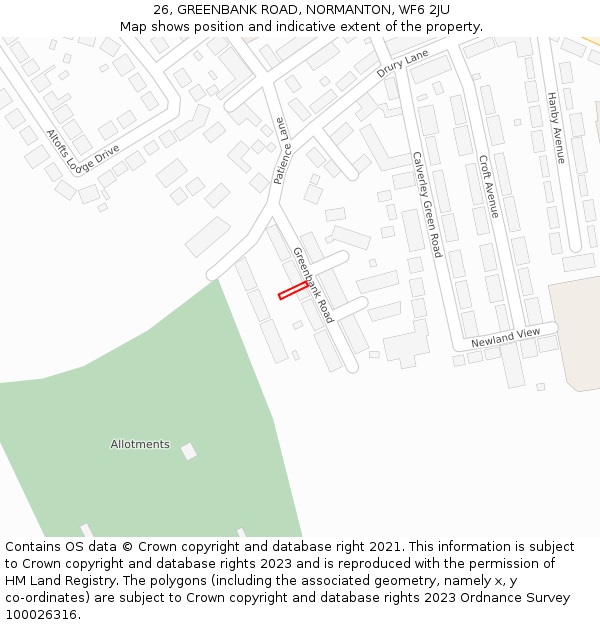 26, GREENBANK ROAD, NORMANTON, WF6 2JU: Location map and indicative extent of plot