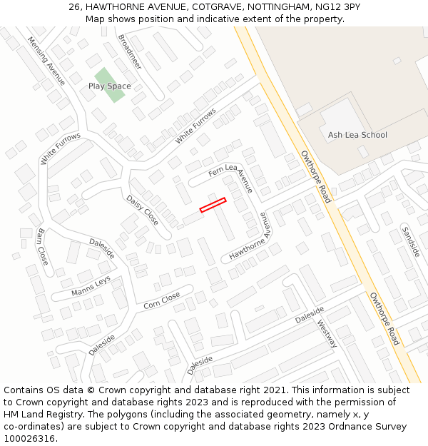 26, HAWTHORNE AVENUE, COTGRAVE, NOTTINGHAM, NG12 3PY: Location map and indicative extent of plot