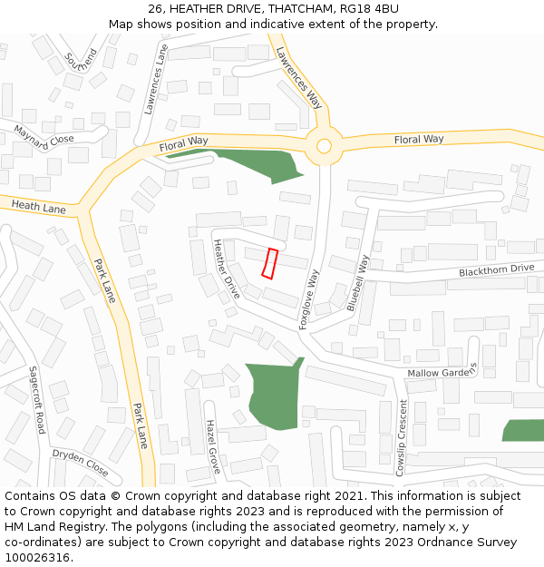 26, HEATHER DRIVE, THATCHAM, RG18 4BU: Location map and indicative extent of plot