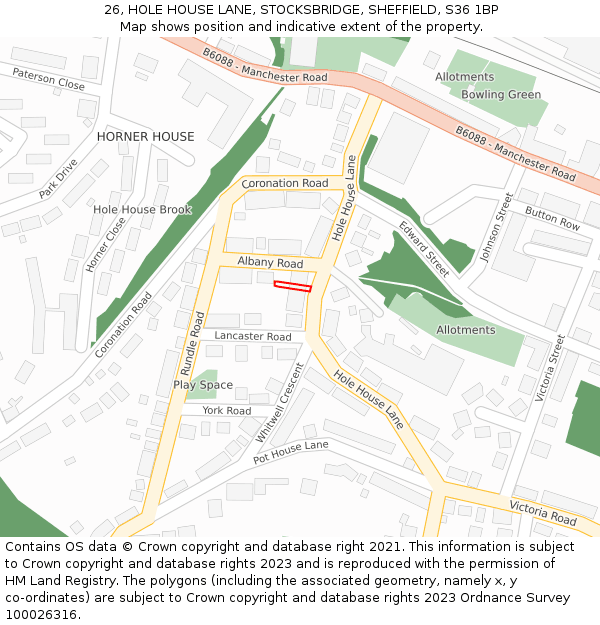 26, HOLE HOUSE LANE, STOCKSBRIDGE, SHEFFIELD, S36 1BP: Location map and indicative extent of plot
