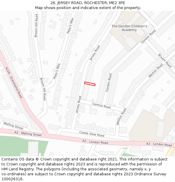 26, JERSEY ROAD, ROCHESTER, ME2 3PE: Location map and indicative extent of plot