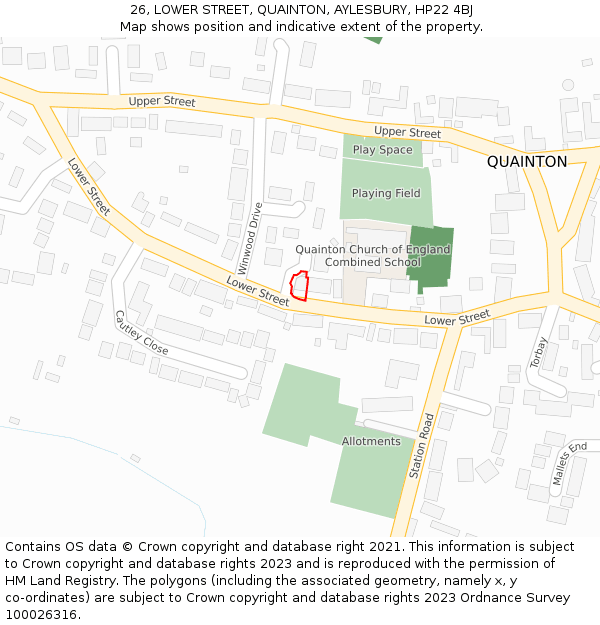 26, LOWER STREET, QUAINTON, AYLESBURY, HP22 4BJ: Location map and indicative extent of plot