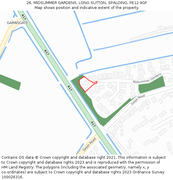 26, MIDSUMMER GARDENS, LONG SUTTON, SPALDING, PE12 9GF: Location map and indicative extent of plot