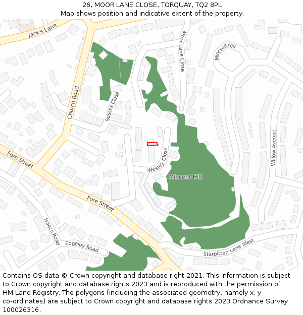 26, MOOR LANE CLOSE, TORQUAY, TQ2 8PL: Location map and indicative extent of plot