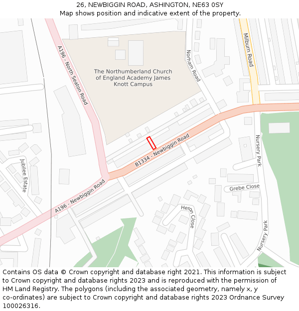 26, NEWBIGGIN ROAD, ASHINGTON, NE63 0SY: Location map and indicative extent of plot