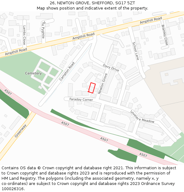 26, NEWTON GROVE, SHEFFORD, SG17 5ZT: Location map and indicative extent of plot