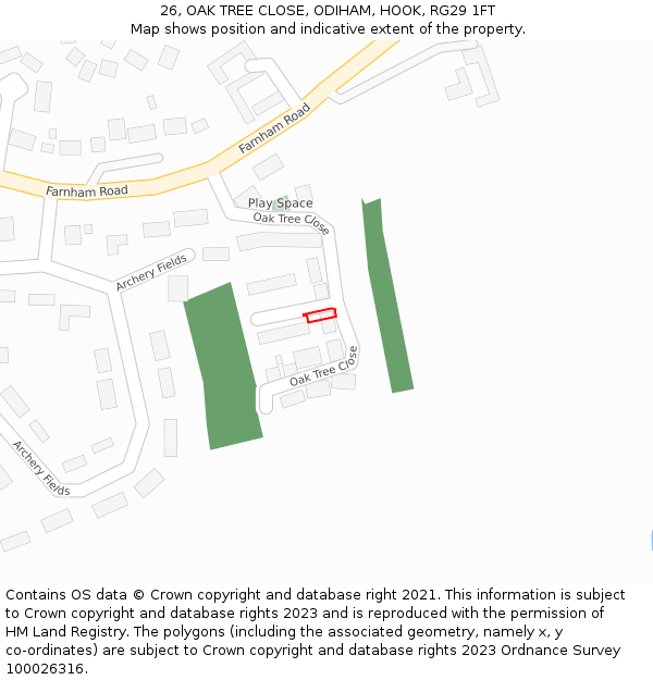 26, OAK TREE CLOSE, ODIHAM, HOOK, RG29 1FT: Location map and indicative extent of plot