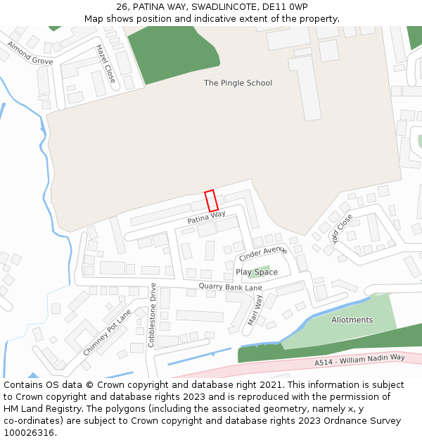 26, PATINA WAY, SWADLINCOTE, DE11 0WP: Location map and indicative extent of plot