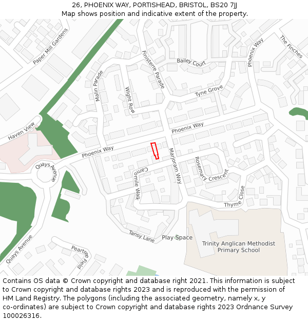 26, PHOENIX WAY, PORTISHEAD, BRISTOL, BS20 7JJ: Location map and indicative extent of plot
