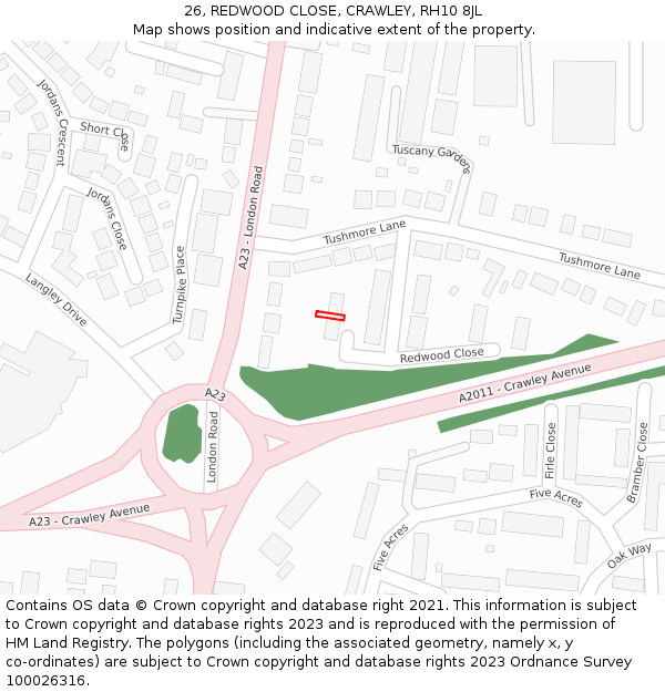 26, REDWOOD CLOSE, CRAWLEY, RH10 8JL: Location map and indicative extent of plot