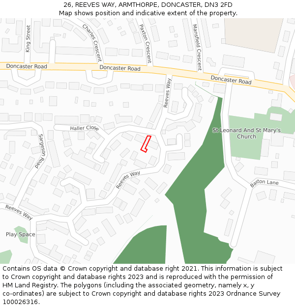26, REEVES WAY, ARMTHORPE, DONCASTER, DN3 2FD: Location map and indicative extent of plot