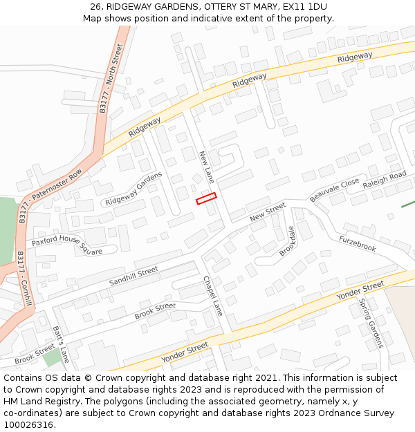 26, RIDGEWAY GARDENS, OTTERY ST MARY, EX11 1DU: Location map and indicative extent of plot