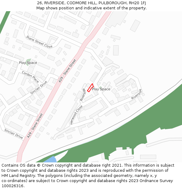26, RIVERSIDE, CODMORE HILL, PULBOROUGH, RH20 1FJ: Location map and indicative extent of plot