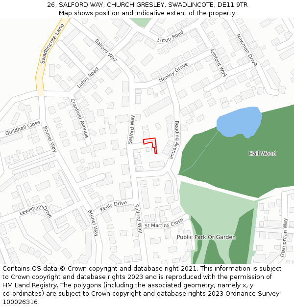 26, SALFORD WAY, CHURCH GRESLEY, SWADLINCOTE, DE11 9TR: Location map and indicative extent of plot