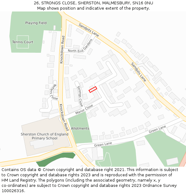 26, STRONGS CLOSE, SHERSTON, MALMESBURY, SN16 0NU: Location map and indicative extent of plot