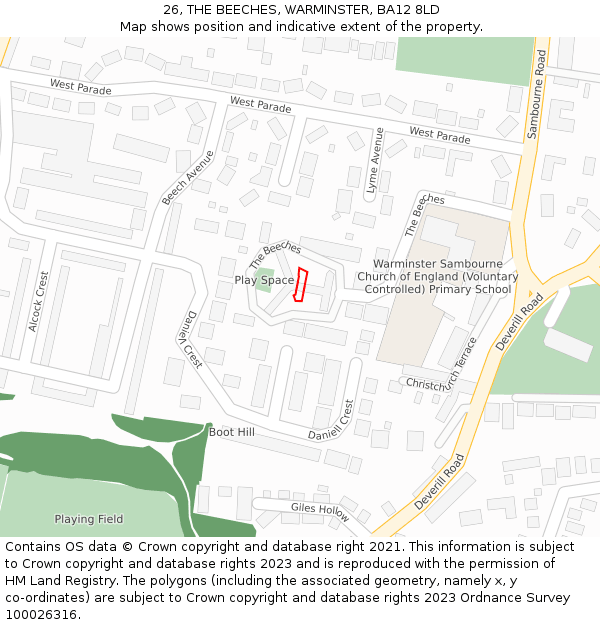26, THE BEECHES, WARMINSTER, BA12 8LD: Location map and indicative extent of plot
