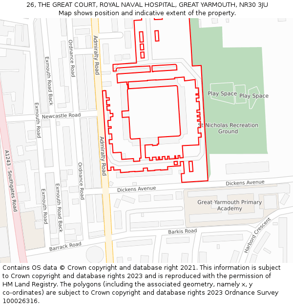 26, THE GREAT COURT, ROYAL NAVAL HOSPITAL, GREAT YARMOUTH, NR30 3JU: Location map and indicative extent of plot