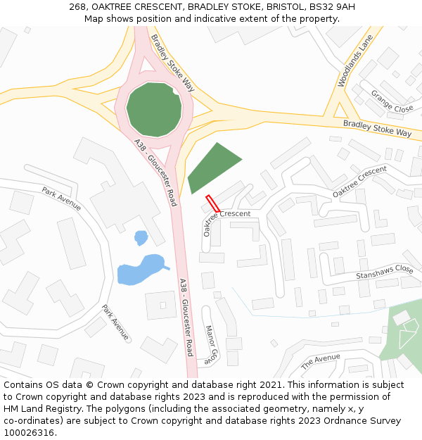 268, OAKTREE CRESCENT, BRADLEY STOKE, BRISTOL, BS32 9AH: Location map and indicative extent of plot