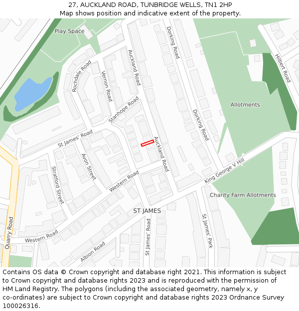 27, AUCKLAND ROAD, TUNBRIDGE WELLS, TN1 2HP: Location map and indicative extent of plot