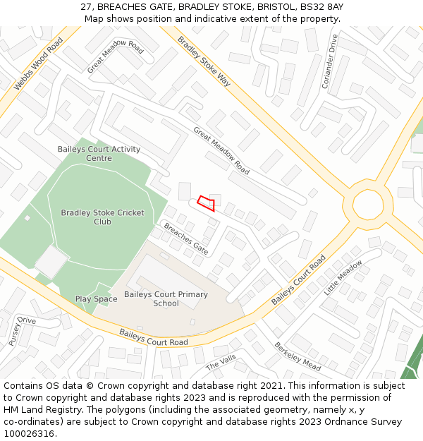 27, BREACHES GATE, BRADLEY STOKE, BRISTOL, BS32 8AY: Location map and indicative extent of plot