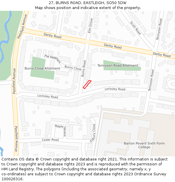 27, BURNS ROAD, EASTLEIGH, SO50 5DW: Location map and indicative extent of plot