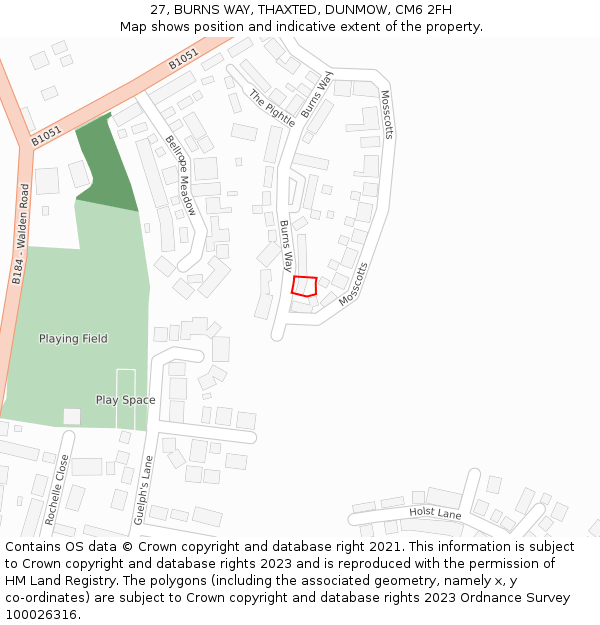 27, BURNS WAY, THAXTED, DUNMOW, CM6 2FH: Location map and indicative extent of plot