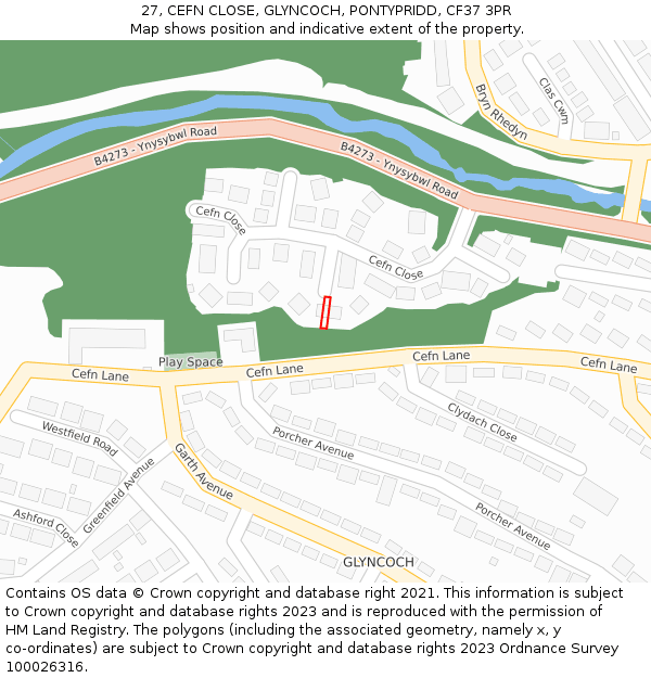 27, CEFN CLOSE, GLYNCOCH, PONTYPRIDD, CF37 3PR: Location map and indicative extent of plot