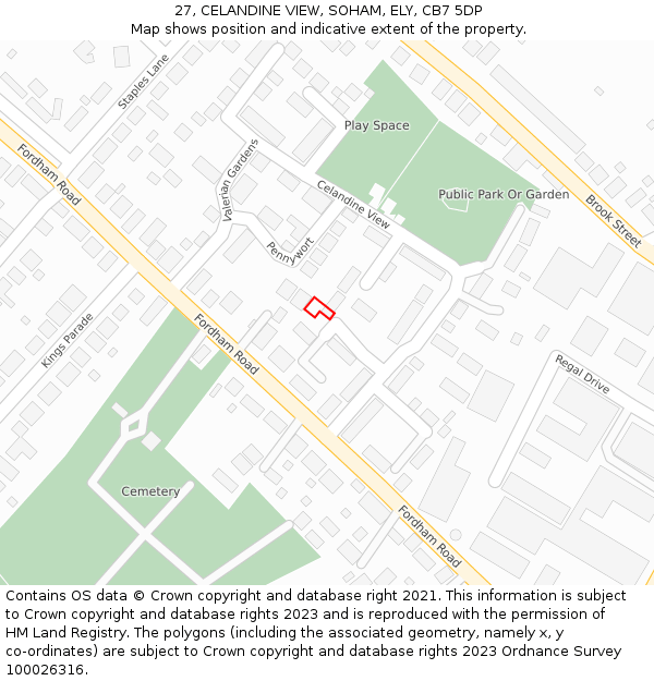 27, CELANDINE VIEW, SOHAM, ELY, CB7 5DP: Location map and indicative extent of plot