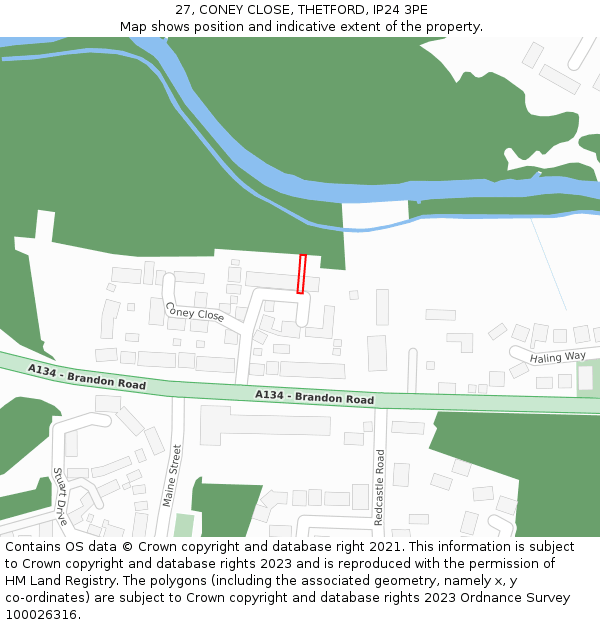 27, CONEY CLOSE, THETFORD, IP24 3PE: Location map and indicative extent of plot