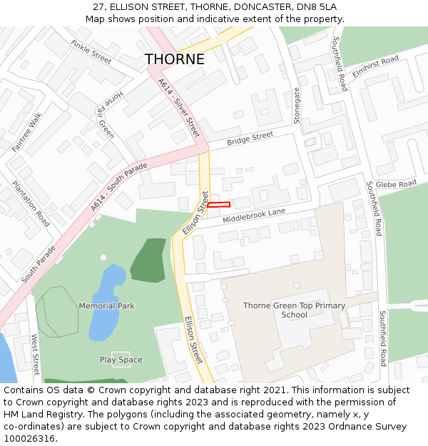 27, ELLISON STREET, THORNE, DONCASTER, DN8 5LA: Location map and indicative extent of plot