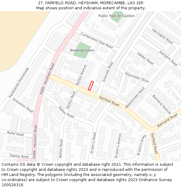 27, FAIRFIELD ROAD, HEYSHAM, MORECAMBE, LA3 1ER: Location map and indicative extent of plot