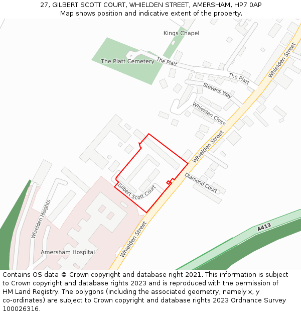 27, GILBERT SCOTT COURT, WHIELDEN STREET, AMERSHAM, HP7 0AP: Location map and indicative extent of plot
