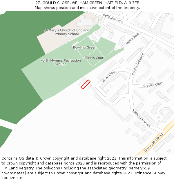 27, GOULD CLOSE, WELHAM GREEN, HATFIELD, AL9 7EB: Location map and indicative extent of plot