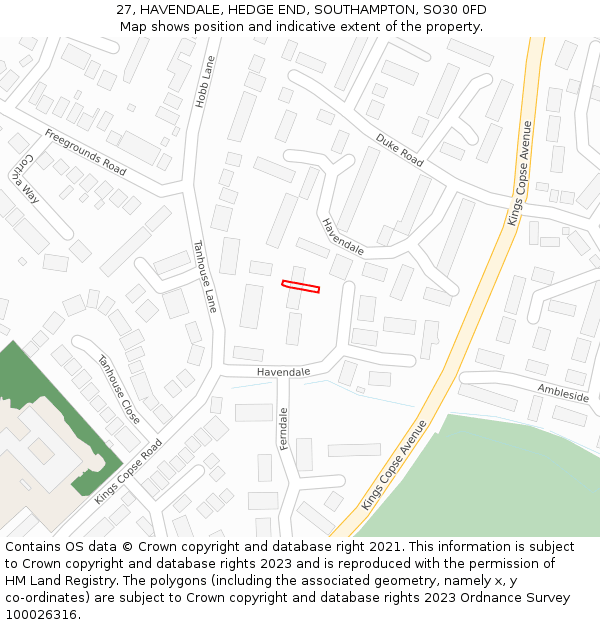 27, HAVENDALE, HEDGE END, SOUTHAMPTON, SO30 0FD: Location map and indicative extent of plot