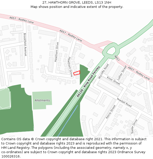 27, HAWTHORN GROVE, LEEDS, LS13 1NH: Location map and indicative extent of plot
