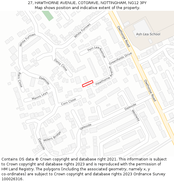 27, HAWTHORNE AVENUE, COTGRAVE, NOTTINGHAM, NG12 3PY: Location map and indicative extent of plot