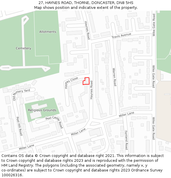 27, HAYNES ROAD, THORNE, DONCASTER, DN8 5HS: Location map and indicative extent of plot