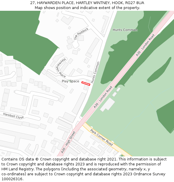 27, HAYWARDEN PLACE, HARTLEY WINTNEY, HOOK, RG27 8UA: Location map and indicative extent of plot